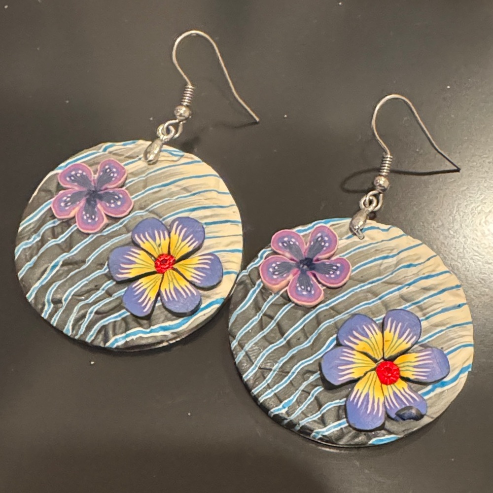 Floral Patterned Earrings with Purple and Yellow Accents